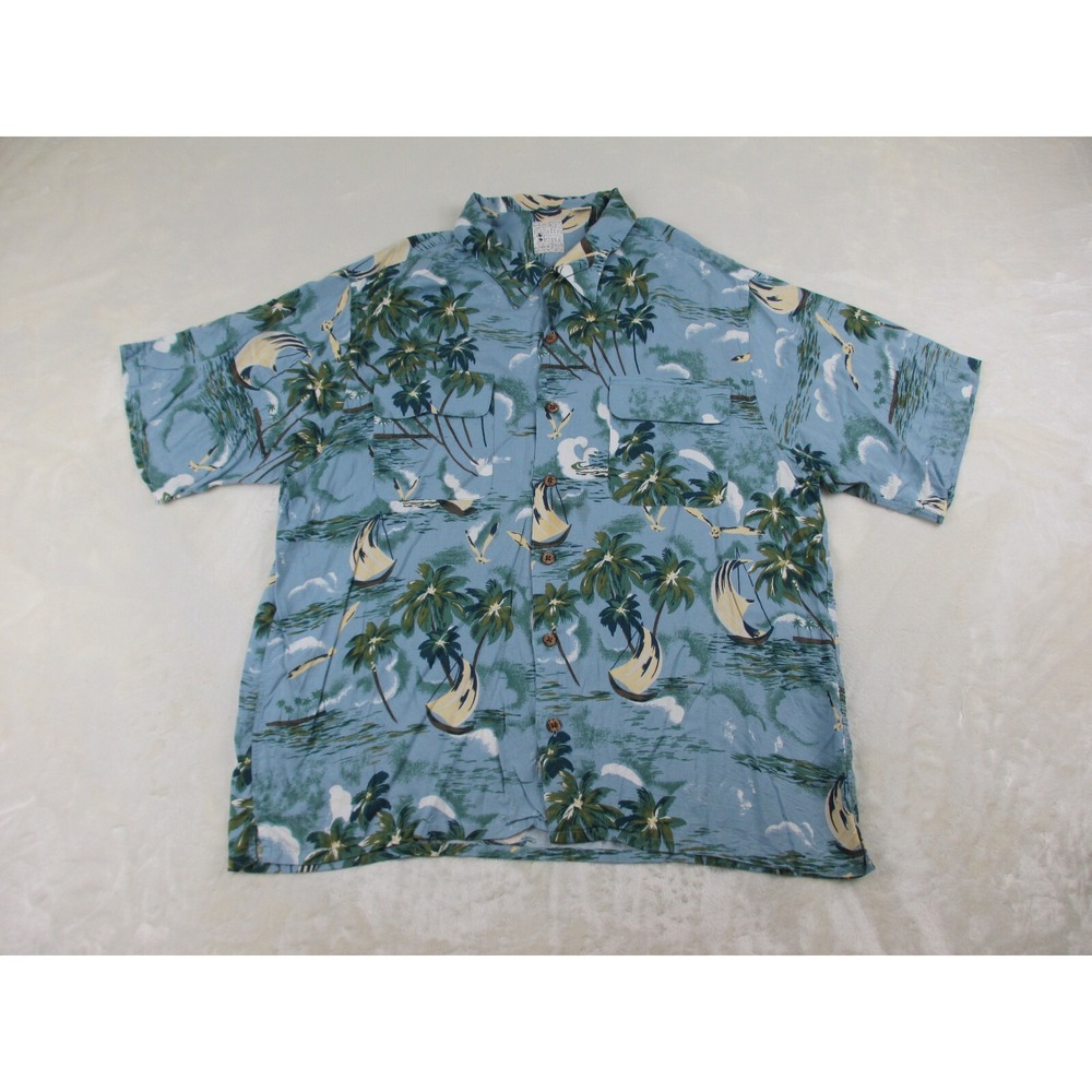 VINTAGE Round Tree & Yorke Shirt Mens Extra Large Blue Button Up Floral Hawaiian